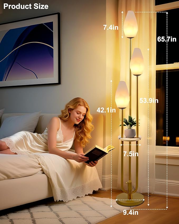 Gold Floor Lamp with Tray, 3-Lights Dimmable Floor Lamps with Rock-Shaped Shade, Unique Candle Holder Style Modern Tall Standing Lamp for Living Room/Party(Bulbs Included)