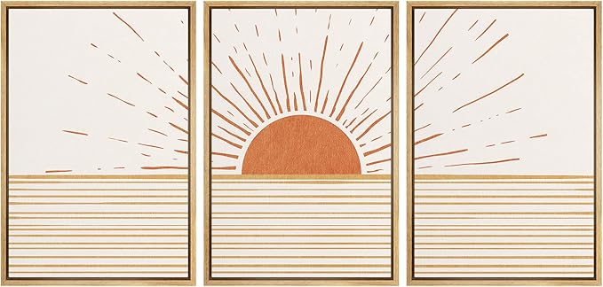 wall26 Framed Canvas Print Wall Art Set Mid-Century Ocean Sunset Sun Horizon Nature Abstract Illustrations Modern Art Bohemian Decorative for Living Room, Bedroom, Office - 24"x36"x3 Natural