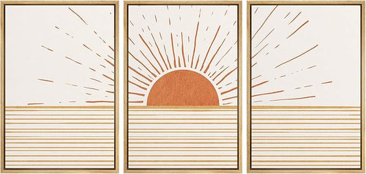 wall26 Framed Canvas Print Wall Art Set Mid-Century Ocean Sunset Sun Horizon Nature Abstract Illustrations Modern Art Bohemian Decorative for Living Room, Bedroom, Office - 24"x36"x3 Natural
