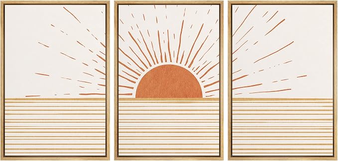 wall26 Framed Canvas Print Wall Art Set Mid-Century Ocean Sunset Sun Horizon Nature Abstract Illustrations Modern Art Bohemian Decorative for Living Room, Bedroom, Office - 16"x24"x3 Natural