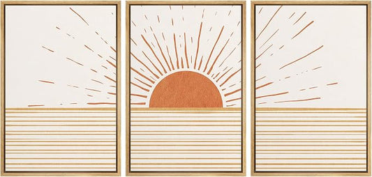 wall26 Framed Canvas Print Wall Art Set Mid-Century Ocean Sunset Sun Horizon Nature Abstract Illustrations Modern Art Bohemian Decorative for Living Room, Bedroom, Office - 16"x24"x3 Natural