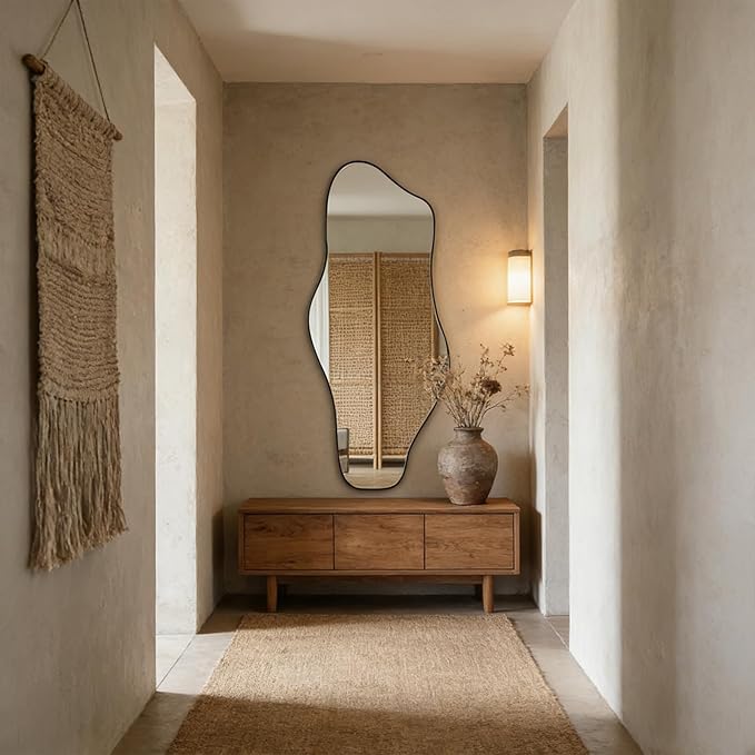 Large Irregular Mirror, 63"x30" Asymmetrical ﻿Tempered Glass Mirrors Full Length, Abstract Frameless Wall Mirrors for Living Room Bathroom Bedroom Entryway Hallway, Horizontal Or Vertical