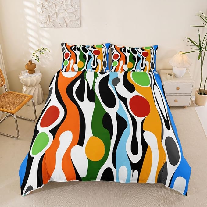 Erosebridal Organic Geometric Duvet Cover Set Modern Abstract Queen Bedding Set for Young Boys Retro Mid Century Comforter Cover Modern Fluid Art Irregular Circles Bed Sets,Multicolor Rainbow