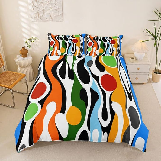 Erosebridal Organic Geometric Duvet Cover Set Modern Abstract Queen Bedding Set for Young Boys Retro Mid Century Comforter Cover Modern Fluid Art Irregular Circles Bed Sets,Multicolor Rainbow
