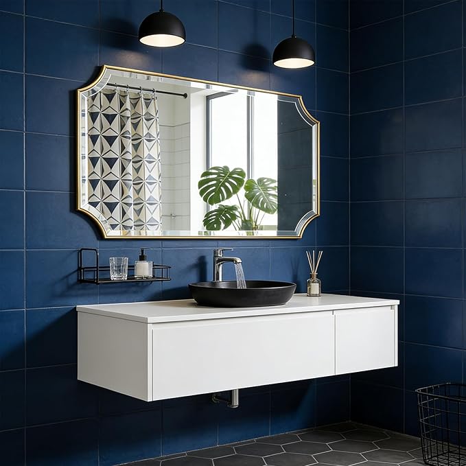 POZINO Brushed Gold Beveled Mirror, 24"x40" Modern Brass Bathroom Mirrors in Stainless Steel Frame, Rounded Rectangle Mirror for Vanity Bathroom Bedroom Living Room Fireplace Entryway