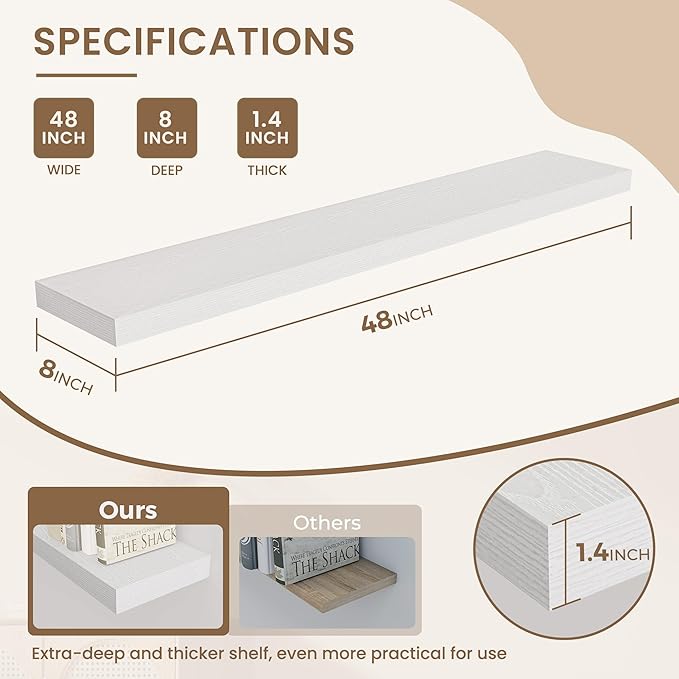 Dreamland 48 Inches Floating Shelves for Wall, 8" Deep Long Floating Shelves Set of 1, Large Display & Storage Shelf, Wall Shelf for Bathroom Bedroom Living Room Kitchen Office, White
