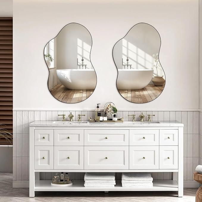 32"x20" Frameless Asymmetrical Irregular Bathroom Mirror, Wavy Vanity Wall Mirror for Modern Bathroom, Bedroom, Entryway, Living Room Decor
