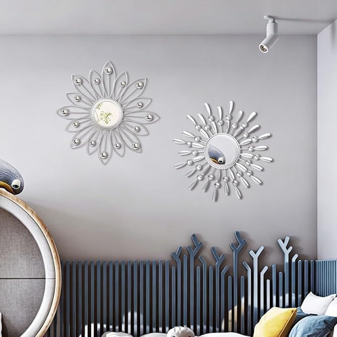 2 Pack Metal Mirrors for Wall Boho Sunburst Wall Mirror Home Decor Modern Decorative Wall Art for Bedroom Living Room Entryway