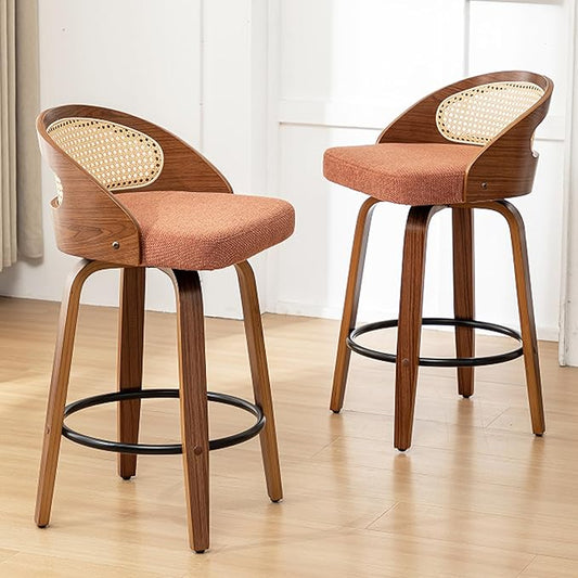 30" Swivel Rattan Bar Stools Set of 2,Mid-Century Modern Orange Linen Fabric Upholstered Counter Height Stools,Kitchen Island Barstools with Rattan Low Backrest,Walnut Wood Finish Bar Chair