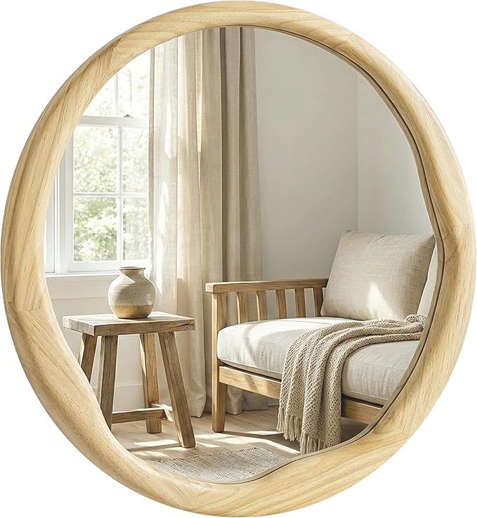 Round Wood Mirror 24 Inch, Irregular Wavy Inner Frame Wall Mirror for Bathroom Vanity, Bedroom, Natural Solid Wood Asymmetrical Decor