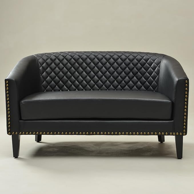 KINWELL 50" Faux Leather Upholstered Loveseat Sofa with 2 Swivel Barrel Accent Chairs, Minimalist Comfy 2-Seater Couch and Armchair for Small Spaces Apartment, Black