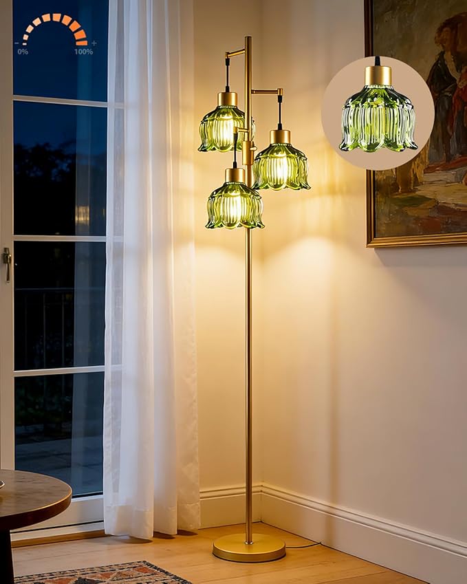 3-Light Modern Glass Floor Lamp, Gold Standing Tall Lamp with Green Vertical Rib Glass Shade for Reading, Dimmable LED Floor Lamp with 5Lbs Heavy Base for Living Room Bedroom Home Decor, Bulb Included