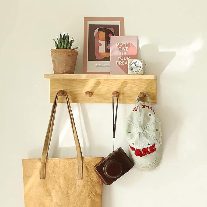 Entrance Coat Rack ，Coat Hooks, Wall-Mounted Wooden Hook Rack, Wall-Mounted Shelves are Very Suitable (Oak Color Finish—A-2)