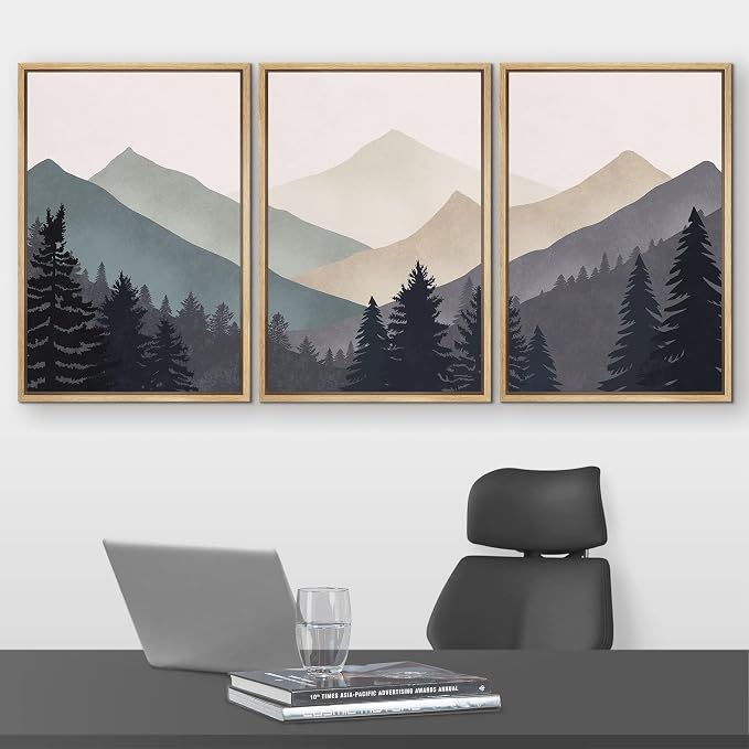 wall26 Framed Canvas Print Wall Art Set Woodland Nursery Decor Blue Gray Duotone Mountain Forest Abstract Nature Nordic Decorative Minimal Boho for Living Room, Bedroom, Office - 16"x24"x3 Natural