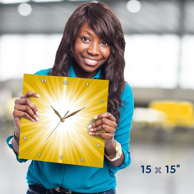 3D Rose DPP_213812_3 3dRose White Sun Burst on A Yellow Background - Wall Clock, 15 by 15"