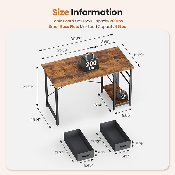 Sweetcrispy 40 Inch Computer Desk with Drawers for Home Office Writing Desk X Shaped Reinforcement Wood Surface Adjustable Position Modern Study Work Side Hook Metal Frame Storage Station Rust