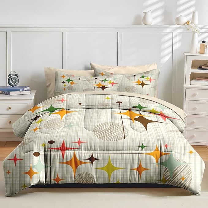 Nesker Comforter Set Full Size, Retro Stars Brown 7 Pcs Bedding for Kids and Adults, Mid Century Vintage Bed Sheet Sets with Fitted Sheet 2 Pillowcases & 2 Shams