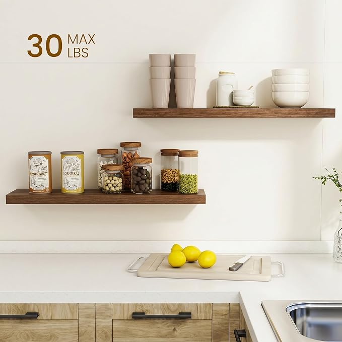 Dreamland 30Inch Floating Shelves for Wall, Rustic Wooden Walnut Floating Shelves for Bathroom|Bedroom|Kitchen, Deep Wall Mounted Book Shelf, Wood Storage Display Shelf for Home Decor, Set of 2
