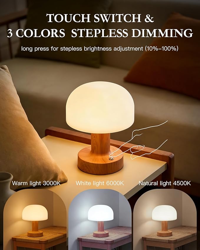 Cordless Mushroom Table Lamp,Mid-Century Modern Rechargeable Battery Operated Bedside Lamp,3 Color Modes & Stepless Dimming,Metal Base with Wood Grain Finish for Nightstand,Living Room,Cafe