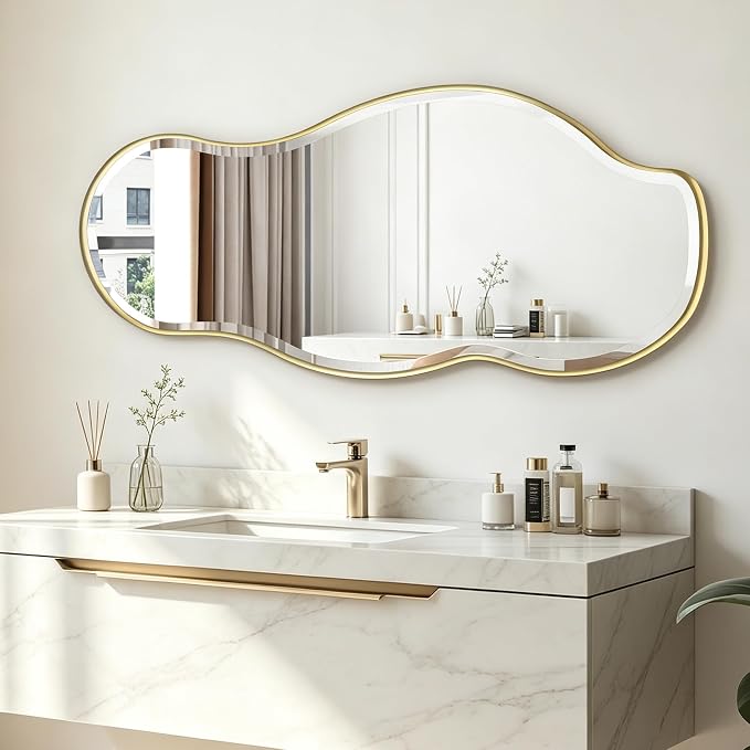 POZINO Irregular Beveled Mirror, 40"x18" Asymmetrical Vanity Wall Mirror with Gold Metal Frame, Organic Shape Mirrors for Bathroom Entryway Bedroom Hallway, Horizontal/Vertical Hanging