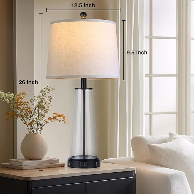 26" Glass Table Lamp Set of 2 with USB C+A Ports and AC Outlet, 3 Way Touch Modern Bedside Lamps for Night Stands, Black Nightstand Lamps for Bedroom Living Room