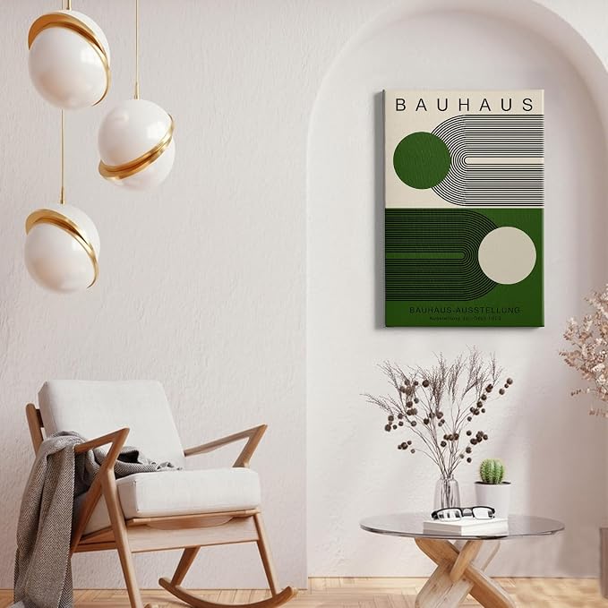Minimalist Green Bauhaus Wall Art Abstract Geometric Prints Boho Neutral Picture Bauhaus Exhibition 1923 Poster Mid Century Modern Painting Green and Beige Canvas 16x24inch Wood Framed