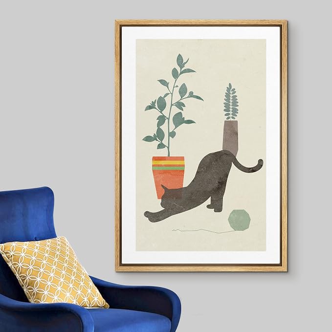 Woodrose Framed Canvas Print Wall Art Retro Black House Cat with Plants Animals Shapes Illustrations Modern Minimalist Chic Relax/Calm Multicolor for Living Room, Bedroom, Office - 24"x36" Natural