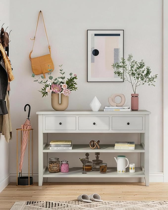 Karl home Console Table Entryway Desk, Sofa Side Table with 3 Drawers 2 Bottom Storage Shelves, Vintage TV Stand for Hallway Living Room Office, Antique White 29.9" H