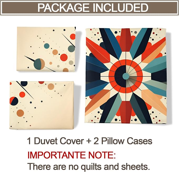 Retro Mid Century Duvet Cover Full Size, Vintage Geometric Bedding Set 3 Piece Bedroom Decor Colorful Atomic Comforter Cover and 2 Pillow Sham with Zipper Closure