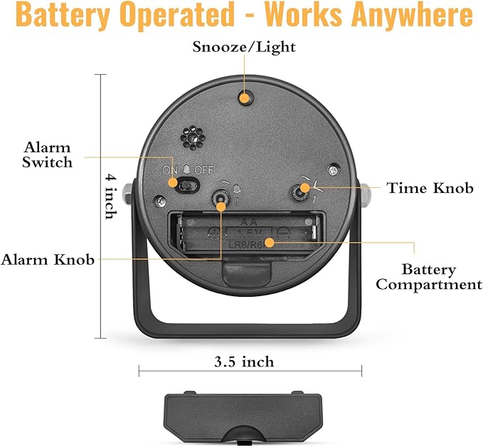 Lamisola 3.5 Inch Small Desk Alarm Clock, Battery Operated Analog Silent Clock with Night Light, Retro Vintage Metal Bedside Clock for Bedroom, Office, Bathroom, Dorm, Shelf, Table - Black