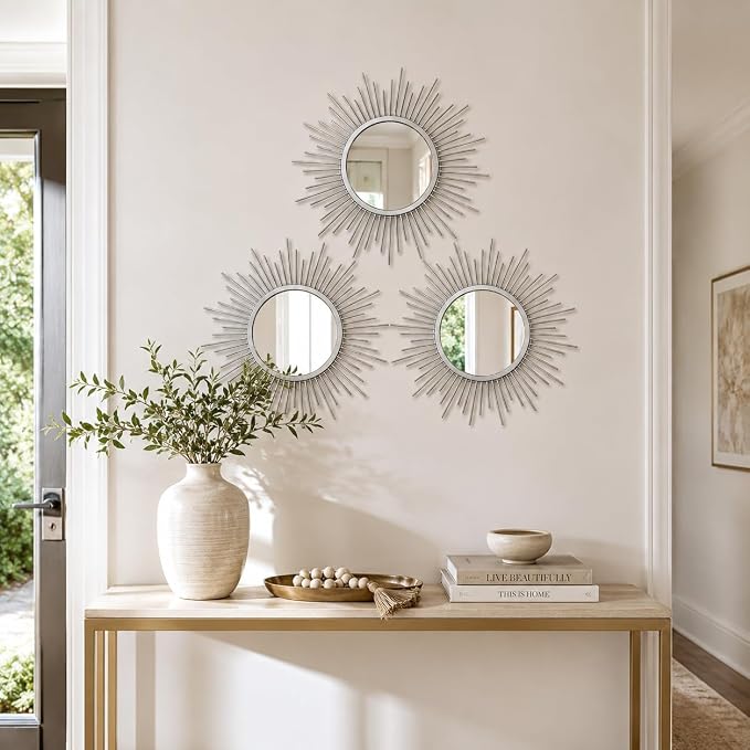 Silver Sunburst Mirror Set of 3, 3PCS Metal Round Decorative Wall Mirrors, Starburst Accent Mirror Wall Decor for Bathroom, Living Room, Bedroom & Entryway