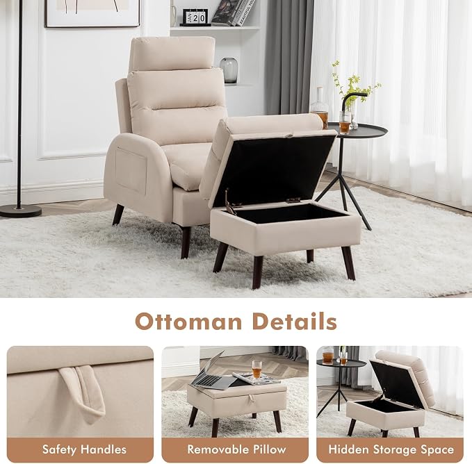HCHAIRH Accent Chair with Ottoman, Comfy Reading Chair and Ottoman Set, Modern Oversized Lounge Armchair with Adjustable Backrest for Living Room Bedroom, Velvet Khaki