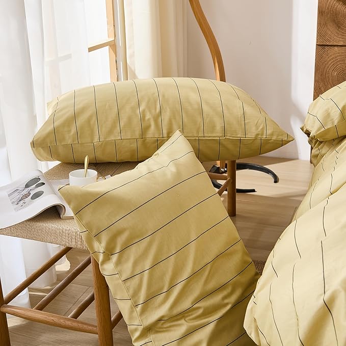 Merryword Yellow Striped Duvet Cover Set Queen Size, Natural Cotton Bedding Set with Zipper Closure & 8 Corner Ties, Soft Breathable Luxury Linen Like Bedding for All Seasons
