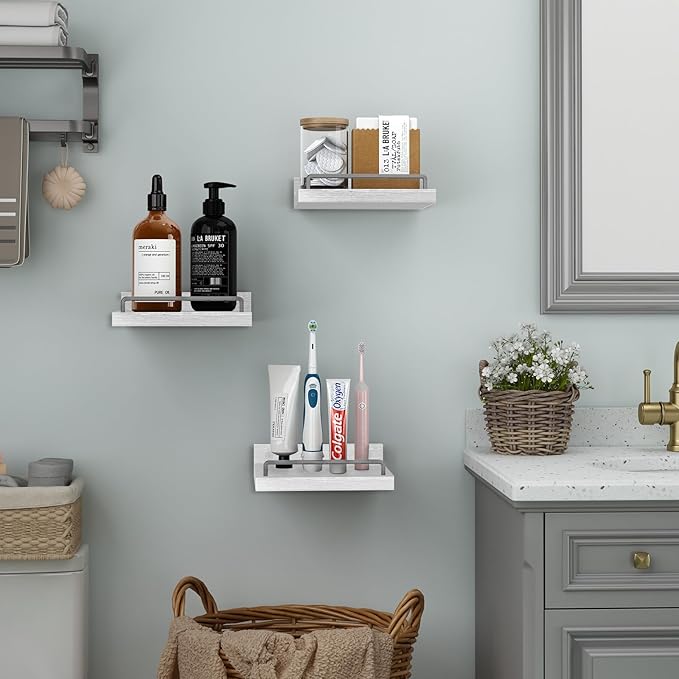 Small Floating Shelf, 6X6 Inches Farmhouse Wall Shelves for Living Room, Bedroom, Picture Frames, Plants, Kitchen, Set of 3 (White and Grey)