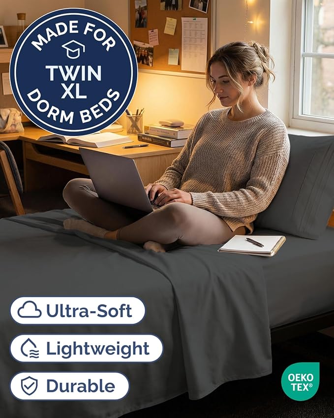 Twin XL Size 3 Piece Sheet Set - Comfy Breathable & Cooling Sheets - Hotel Luxury Bed Sheets for Women & Men - Deep Pockets, Easy-Fit, Soft and Wrinkle Free Sheets - Charcoal Oeko-Tex Bed Sheet Set