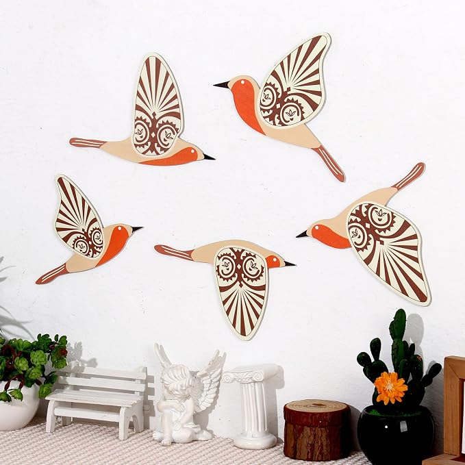 KOYILTD 5 Piece Bird Wood Wall Sculptures Wooden Wall Art Decor Scandinavian Home Decorations Flying Bird Wall Decor Farmhouse Wall Art for Home Living Room Bathroom Dining Room (Orange)