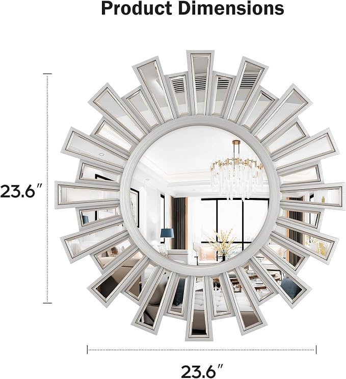 Round Mirrors for Wall Decor, 24" Sliver Sunburst Mirror,Starburst Mirror for Living Room,Hallway,Bedroom Fireplace