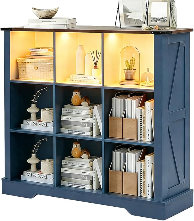 9 Cube Storage Organizer, 3 Tier Book Shelf with Led Lights, Farmhouse Book Shelves for Living Room, Horizontal Toy Storage Bookshelf, Wood Display Bookcase Cabinet for Bedroom, Office, Blue