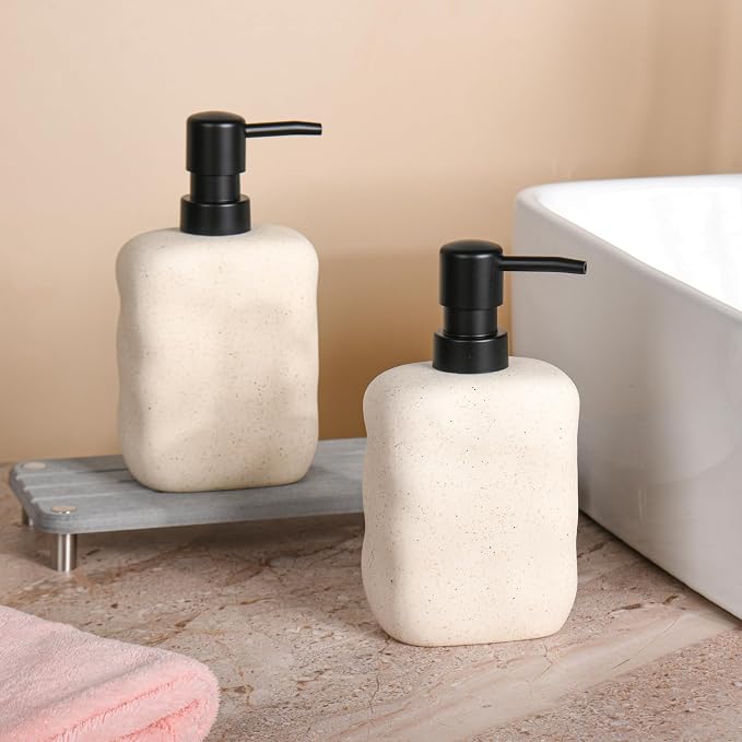 Modern Ceramic Soap Dispenser, Beige Speckled Finish, Black Pump Top, Refillable Liquid Container for Bathroom Kitchen (Beige, 1 Pack)