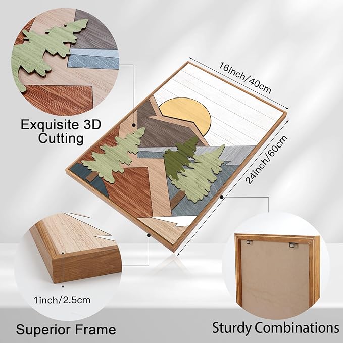 TOARTi Framed Wood Panel Mountain Forest Landscape Wall Decor (16"x24"), Vintage Nature Wilderness Woodland Wall Art, Mid Century Modern Sunrise Wooden Cut Decor for Farmhouse Bedroom Living Room