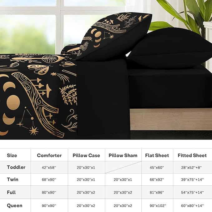 Nesker Comforter Set King Size, Golden Mushroom Moon 7 Pcs Bedding for Kids and Adults, Moth Vintage Gold Bed Sheet Sets with Fitted Sheet 2 Pillowcases & 2 Shams