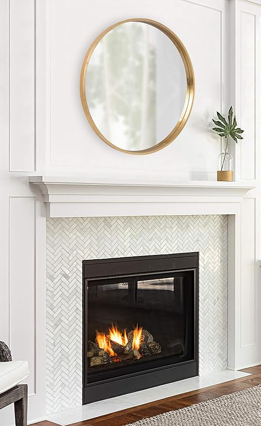 Kate and Laurel Travis Round Wood Wall Mirror, 31.5" Diameter, Gold, Modern Glam Wall Décor Accent