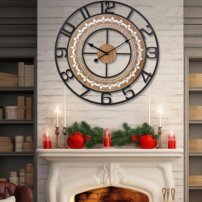 Wall Clocks for Living Room, Bohemian Pattern Clock Silent,Non Ticking,Battery Operated Oversized Vintage Round Modern Clock for Bedroom,Farmhouse,Office Wall Decor-20 Inch