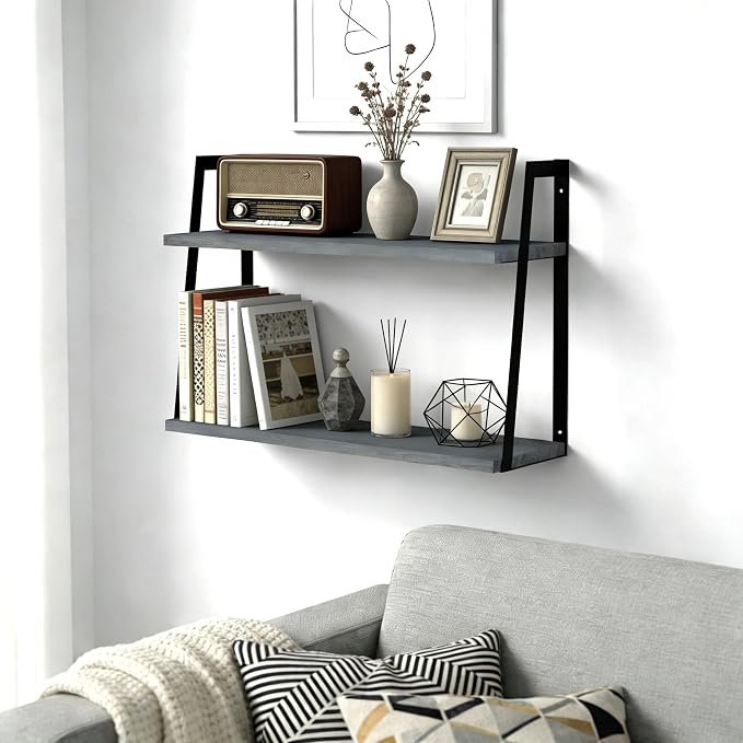 SRIWATANA Floating Wall Shelves, 2-Tier Rustic Wood Shelves for Bedoom, Bathroom, Living Room, Kitchen (Weathered Gray)
