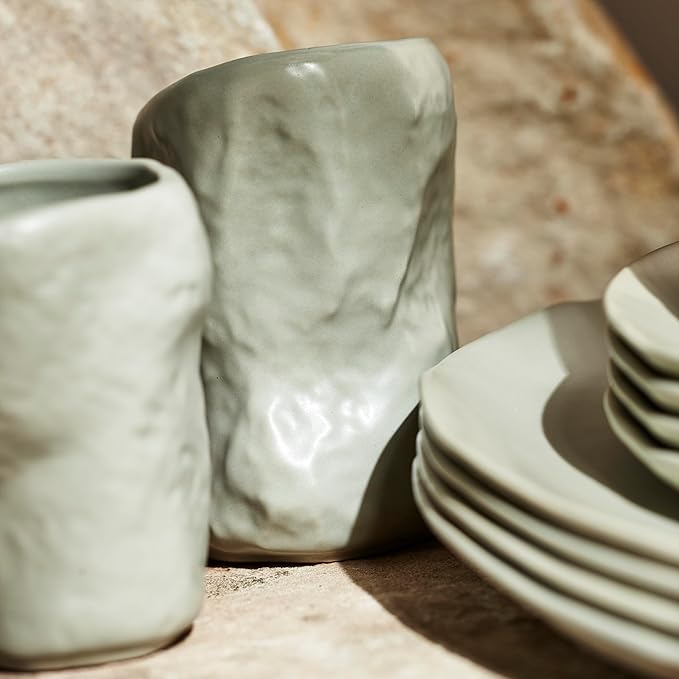 Stone by Mercer Project Atik Modern Stoneware 32-Piece Dinnerware Set, Plate and Bowl Set, Dish set for 8, Sage-Grey