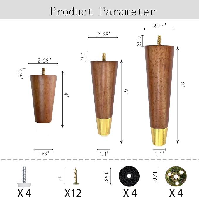 8 inch Hard Wood Furniture Legs with Gold Hardware Mid-Century Modern Replacement Round Legs for Couch Dresser Cabinet Vanity Ottoman Walnut Color Sofa Legs 4 Pack