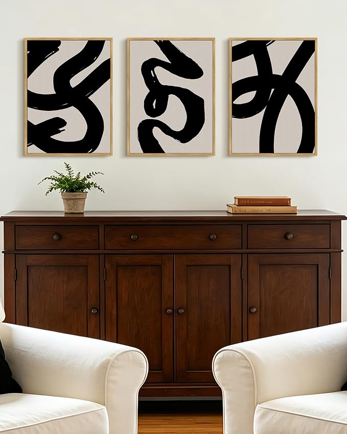 KUVIOKE Black Abstract Framed Wall Art Ink Wash Minimalist Lines Canvas Painting Artwork for Bedroom Hallway 12x16in (Natural Framed)