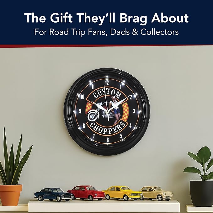 American Art Decor Custom Choppers LED Clock - 12" Wall Mounted Modern Motorcycle Wall Decor - Wall Clock for Living Room, Dorm, Mancave, Garage, Office, Game Room (Black/Orange/Red)