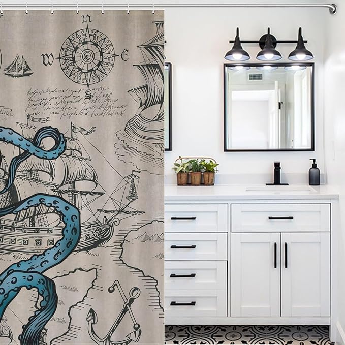 Nautical Octopus Shower Curtain,Funny Monster Ocean Kraken Pirate Ship Sailboat Retro Nautical Map Pattern Rural Bathroom Curtain Waterproof Fabric Machine Washable with Hook,72x84Inch