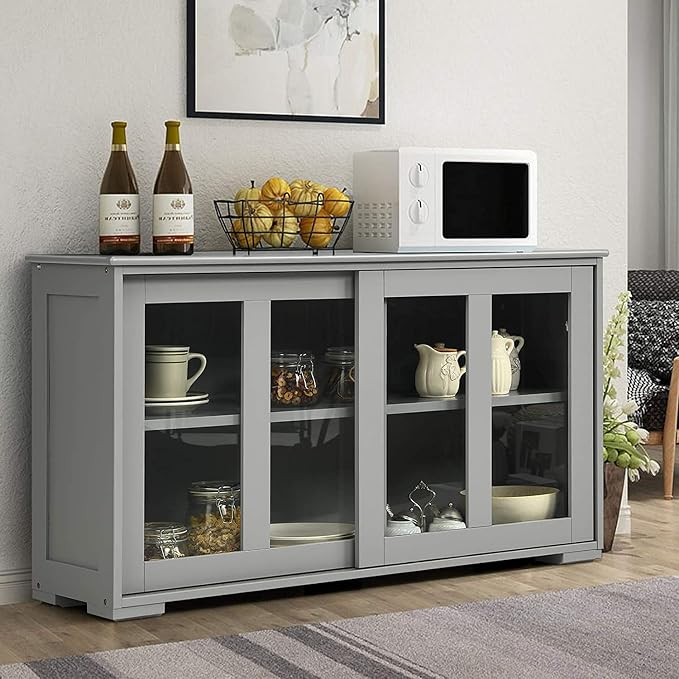 Sideboard Buffet Cabinet, Stackable Cupboard Storage Table with Adjustable Shelf & Glass Sliding Doors, Wooden Credenza Coffee Bar Cabinet for Kitchen/Dining Room/Living Room/Entryway (Grey)